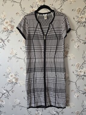 Caché | Women's Black & White Zip-Front Cap Sleeve Mini Dress | Size XL